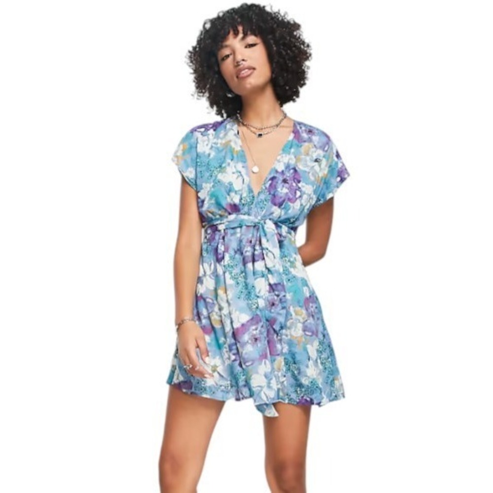 Free People Freddy Tie Waist Mini Dress Womens S Blue Floral Deep V-Neck Lined